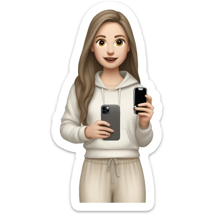 pale skin woman with long brown Hair, white hoodie, beige palazzo Arrow pants and gray blouse holding white IPhone 14 pro in the hands sticker