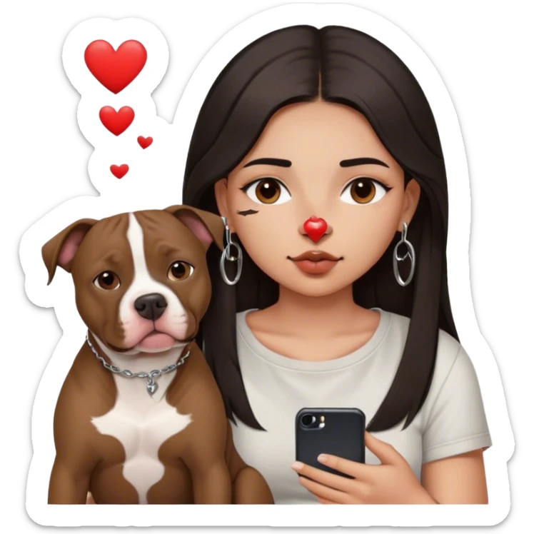 Young girl, with long dark hair,chop you around her face holds her phone sitting by her pitbull. She has a small septum ring in her nose and heart fly all around her. sticker