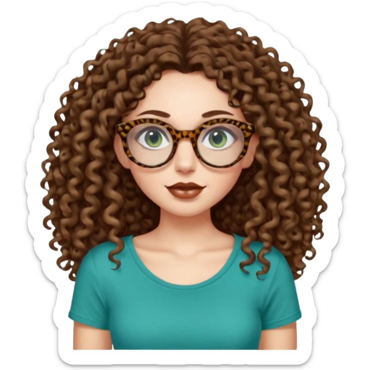 a blue green eyed woman with very very long brunette curly hair, full lips,and pale skin. She is wearing a leopard printed thin round-ish glasses . She is wearing a brown tshirt with a wide neck opening. sticker