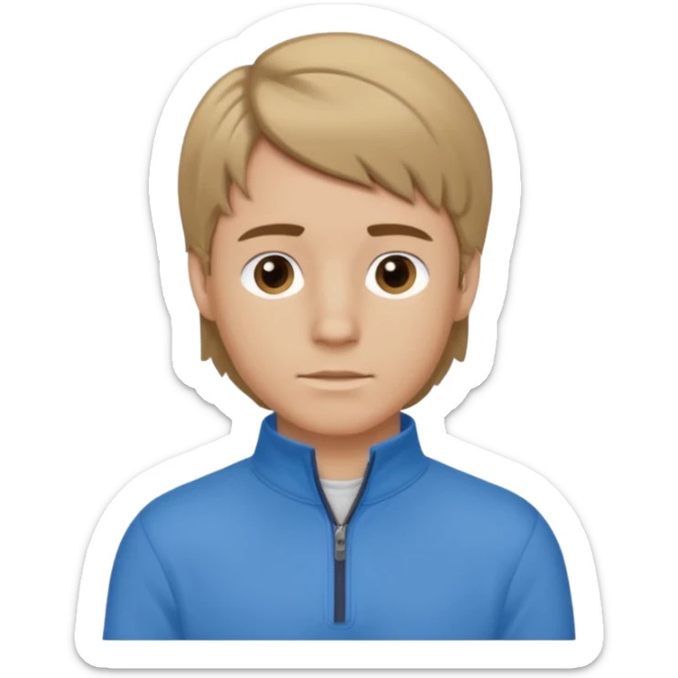boy with dark blonde hair in a mullet to the front, with a neat blue shirt (not a t-shirt) and brown quarter zip sticker