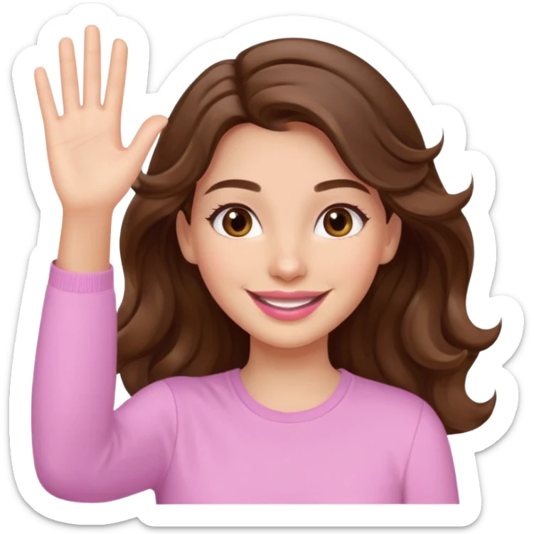 girl with wavy long brown hair, brown eyes, light to medium complexion, long lashes, light pink lipstick, smiling, wearing light pink shirt, waving hello sticker