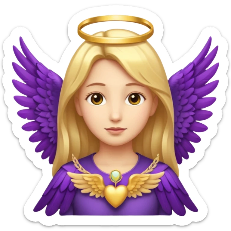 An emoji with a kind female face and two peaceful child faces beside her, four wings in total, purple feathers, golden halo, gentle expression, stylized like an iOS emoji sticker