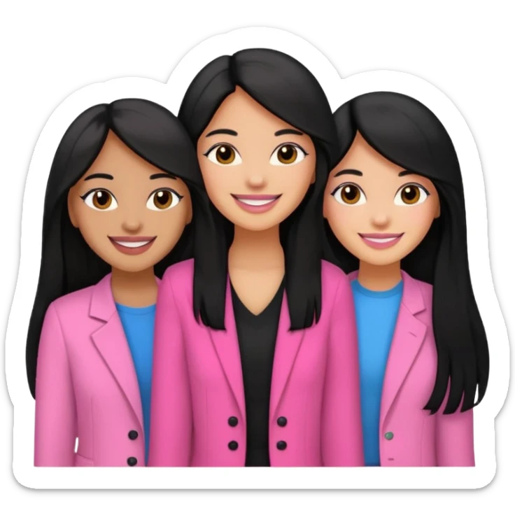 3 besties with professional glammed up looks wearing pink, medium skin tone smiling big with black long hair  sticker