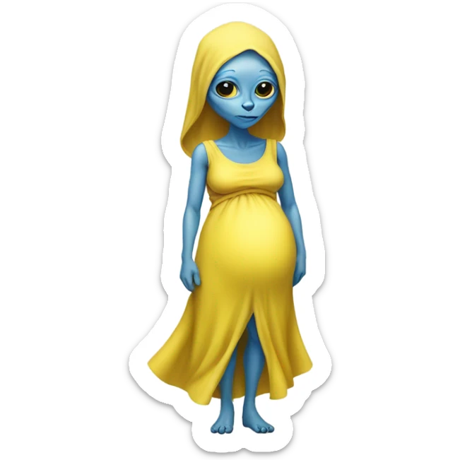 Pregnant blue alien woman, full body, on jellow dress sticker