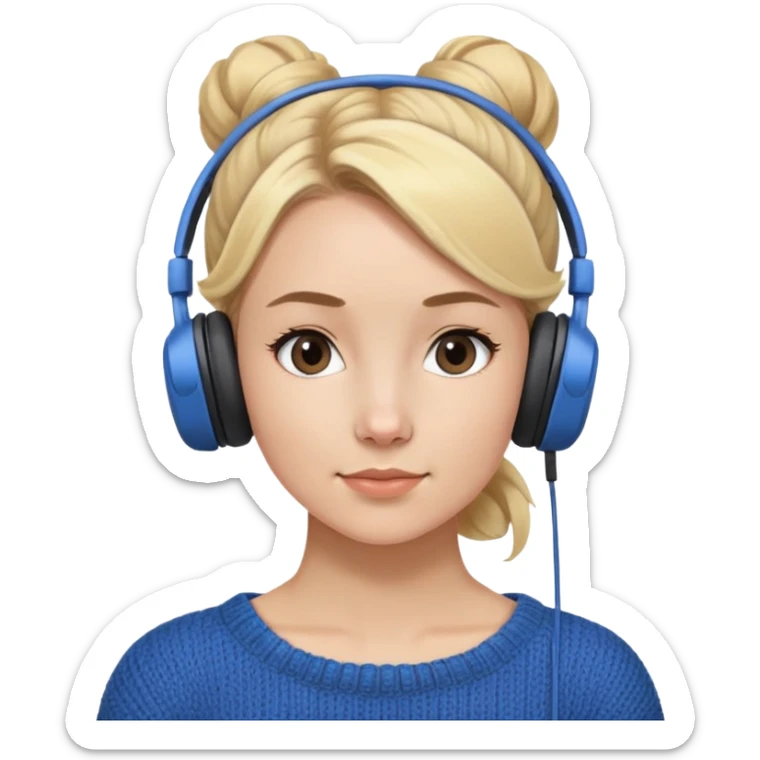 a girl with blue knitwear with a blonde hair bun and her job is a podcaster  sticker