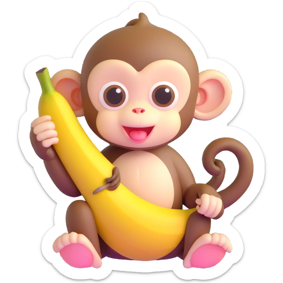 ultra cute baby monkey with enormous adorable eyes peeling a banana, pastel colors sticker