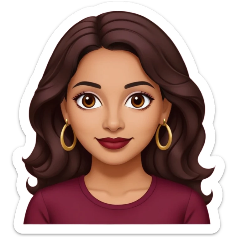 Puerto Rican actress Lynette Torres, woman with warm brown skin, attractive elegant features, expressive dark eyes, well-defined eyebrows, straight nose, friendly smile, long dark wavy hair, wearing a fashionable burgundy top sticker