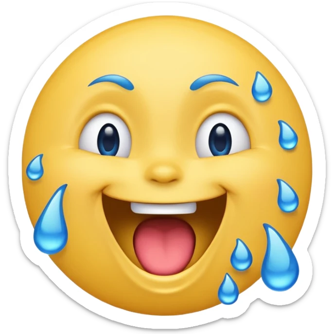 Emoji, yellow round laughing hysterically face, with blue tears of joy on it.  sticker