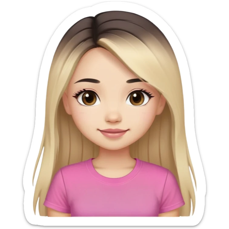 Slavic girl, light skin, long eye lashes, pink beige lips, brown eyes, long black-to-blonde ombre straight hair, pinkT-shirt, chibi, smiling. sticker