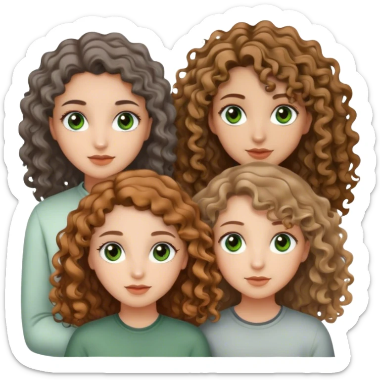 Make three pretty girls one with curly hair and green-grey eyes and one with wavy hair with hazel eyes and one with straight hair with brown ayes  sticker