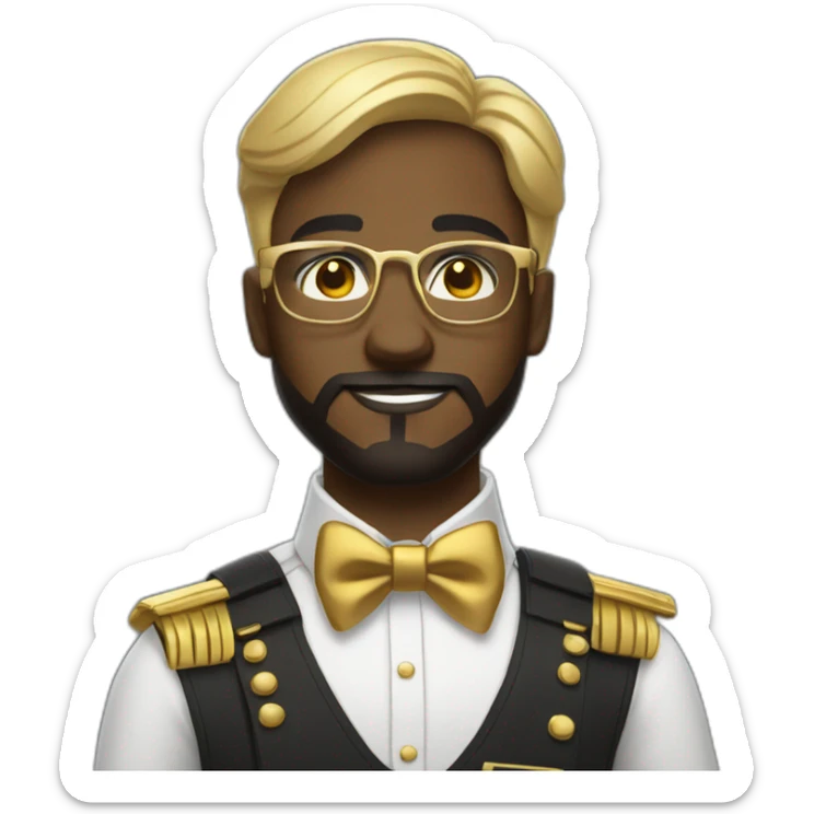 black soldier with beard, part in hair, white collared shirt, bow tie, gold glasses, bulletproof vest  sticker