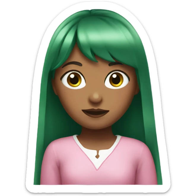 girl with long chocolate hair with bangs and green eyes in pink outfit sticker
