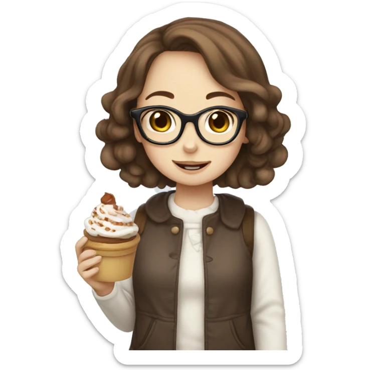 Girl with glasses brown hair brown features , eating cinnamoroll sticker