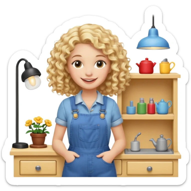 smiling blonde curly woman arranging furniture in doll house with overalls sticker
