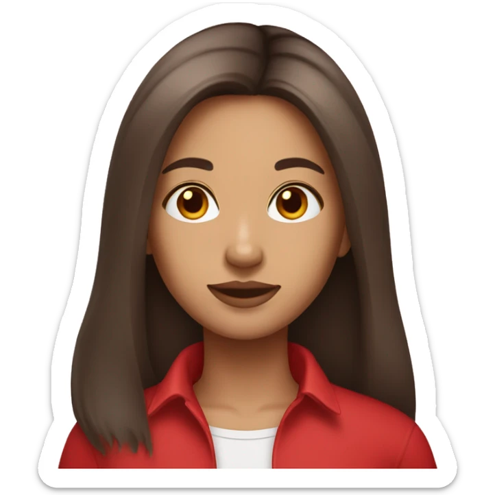 woman emoji light to medium skin, straight long dark brown hair with middle part red shirt  sticker