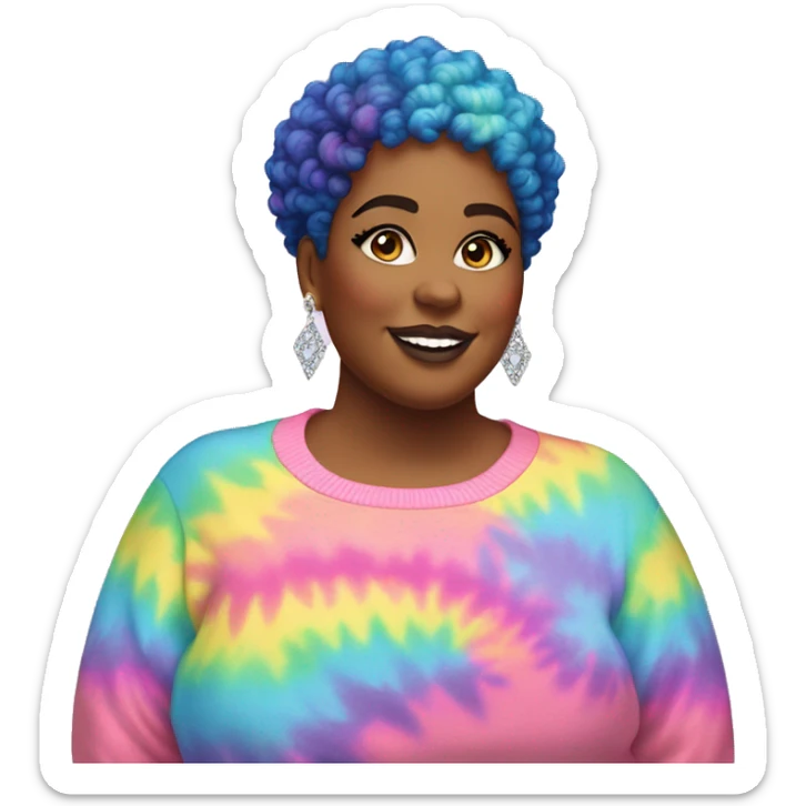 Plus size black woman with pink curly pixie cut hair and a rainbow tie dye sweater , and diamond earrings  sticker
