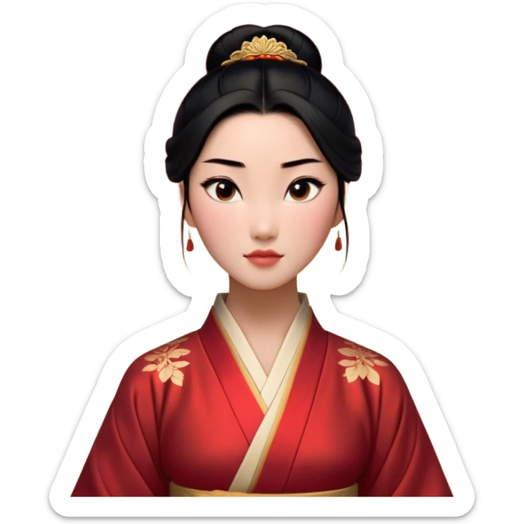 Cinematic Realistic Noble Mulan Portrait, depicted with lifelike, warm light-toned skin that reveals subtle texture and natural shadows. Her sleek black hair is intricately styled into a traditional bun with every strand rendered in exquisite detail, and her almond-shaped eyes, full of quiet resolve, are softly illuminated. She wears a meticulously detailed traditional robe with delicate red and gold accents, its rich fabric textures and gentle folds catching the light beautifully. The portrait radiates a natural, enchanting glow, capturing Mulan’s inner strength and timeless grace in a realistically painterly style. sticker