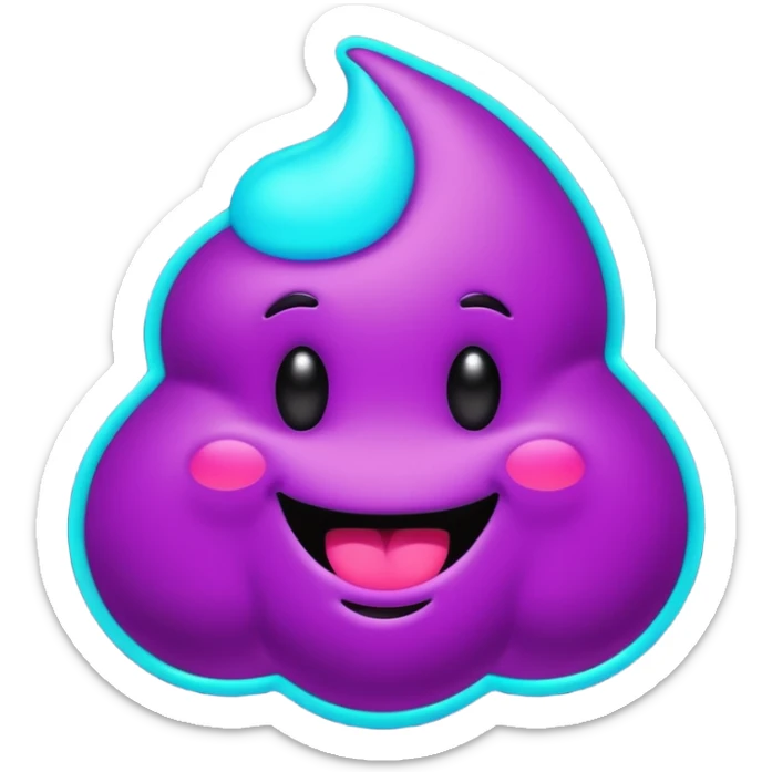 futuristic glowing poop emoji with funny smiling face, purple and cyan neon glow, dark background sticker