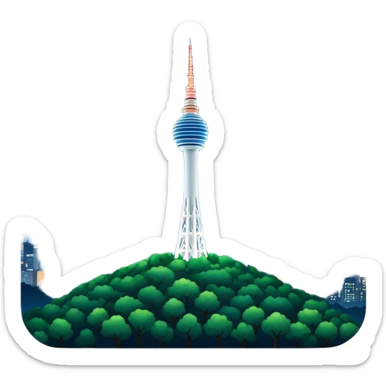 Cinematic Realistic N Seoul Tower Landmark Emoji, featuring the iconic tower perched atop Namsan Mountain, glowing against the night sky with panoramic city lights stretching beyond. sticker