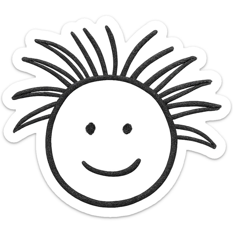 simple doodle of a head with hair sticking out in all directions hand drawn black outline style sticker