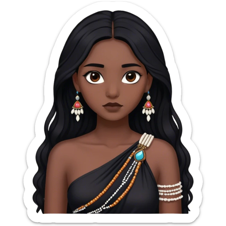 Cinematic Realistic Pocahontas Portrait, depicted with lifelike skin texture, soft natural lighting, and intricately detailed long, flowing raven-black hair that moves gracefully in the wind. Her deep, soulful dark brown eyes exude wisdom and strength, complemented by a serene yet powerful expression. She is shown gently holding a feather in one hand, her other hand resting lightly at her side, embodying the harmonious balance between nature and herself. She is dressed in her classic one-shoulder native American dress, with rich fabric textures and delicate beaded details that catch the light beautifully. The portrait features a soft, sun-kissed glow with a natural, radiant finish, capturing the essence of untamed beauty and deep connection to nature in a realistic and painterly style, evoking a sense of depth and authenticity. sticker