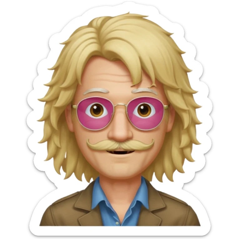 slender man with rose-colored glasses no lenses, frizzy blonde Joe Dirt wig, scruffy thin beard and mustache, smiling sticker