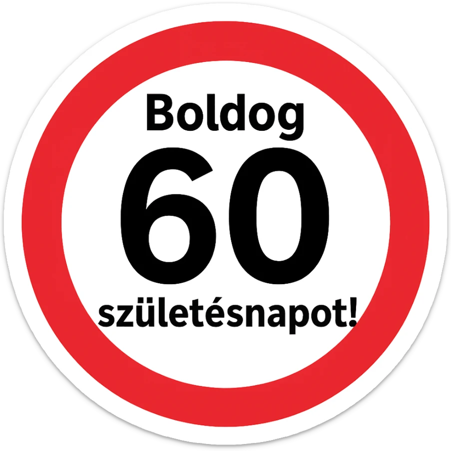 circular sign with red and white color scheme, large black number 60 in the center, text 'Boldog' at the top, text 'születésnapot!' at the bottom, style like the reference, 1000x1000 px, transparent background, PNG sticker