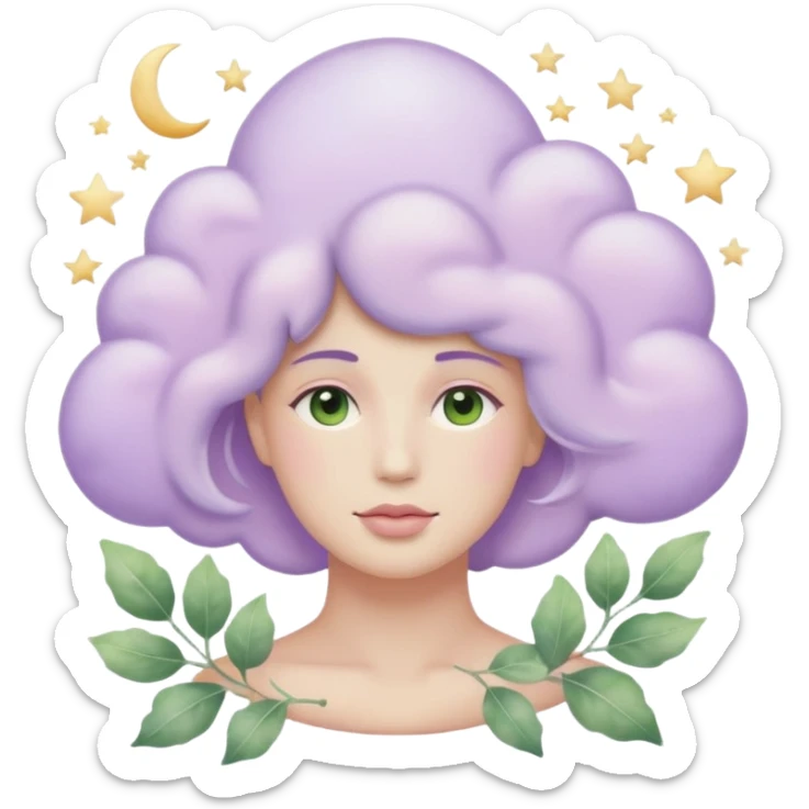 watercolor-style emoji of a human head silhouette with “AI” inside a lilac cloud, connected to a soft circuit shape. gentle pastel palette (sage green, blush, lilac), surrounded by leaves, moon, and stars — poetic and calm aesthetic. sticker