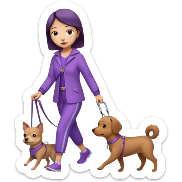 Chinese woman wearing purple outfit walking one small brown dog sticker
