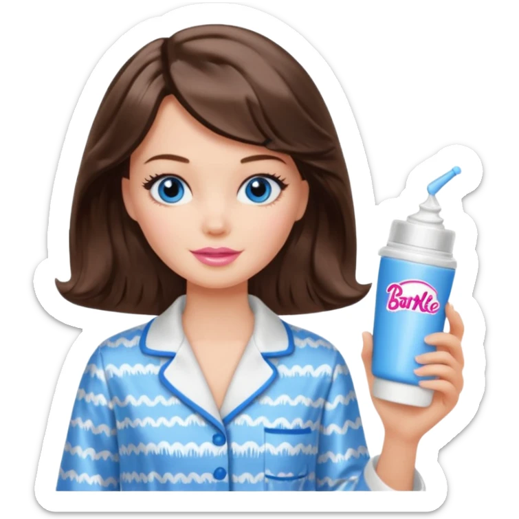 Barbie girl with makeup, blue eyes , and bob long haircut wavy, short brown hair in creamy color pajamas, face cream in hand sticker