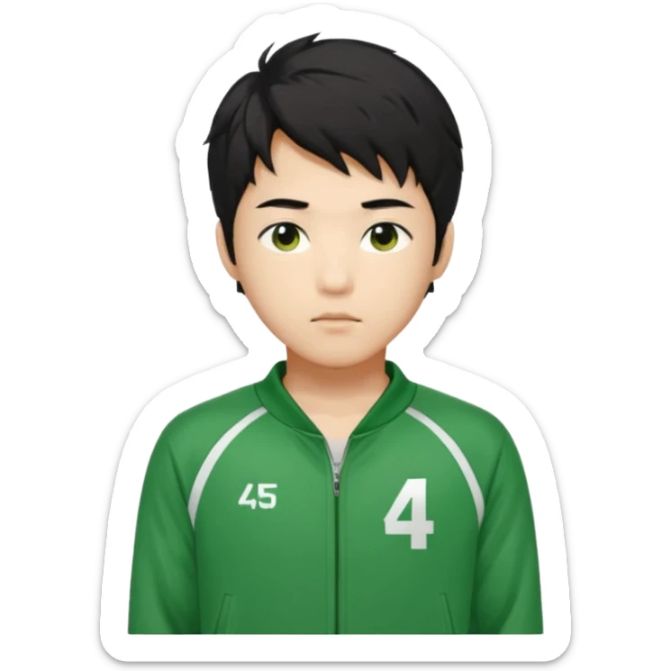 Draw Seong Gi-hun (Player 456), Korean male, messy black hair, green tracksuit with white number 456 printed on chest. sticker