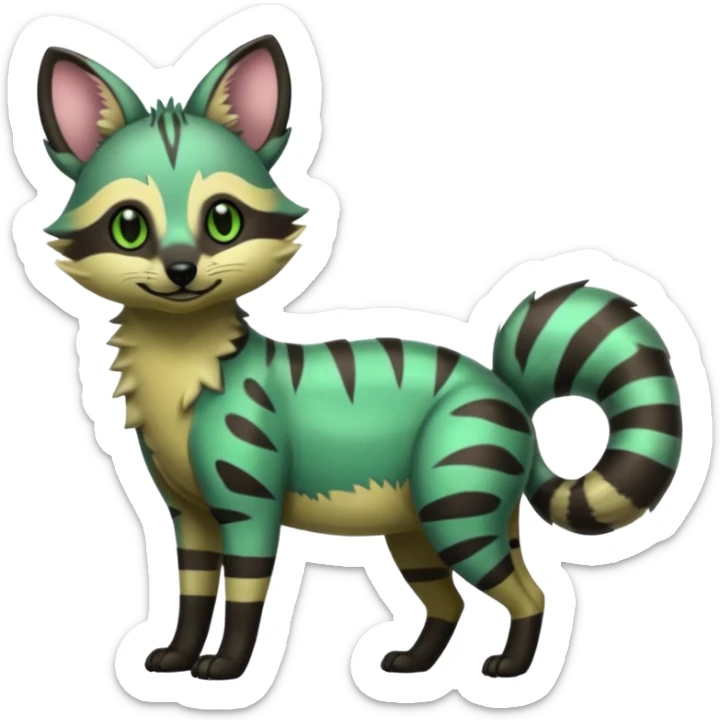 Cute adorable kawai Shiny Green Colorful Dusky Dark Gloomy Glossy Aardwolf-Genet-Bobcat-fusion-animal-hybrid-creature, full body sticker