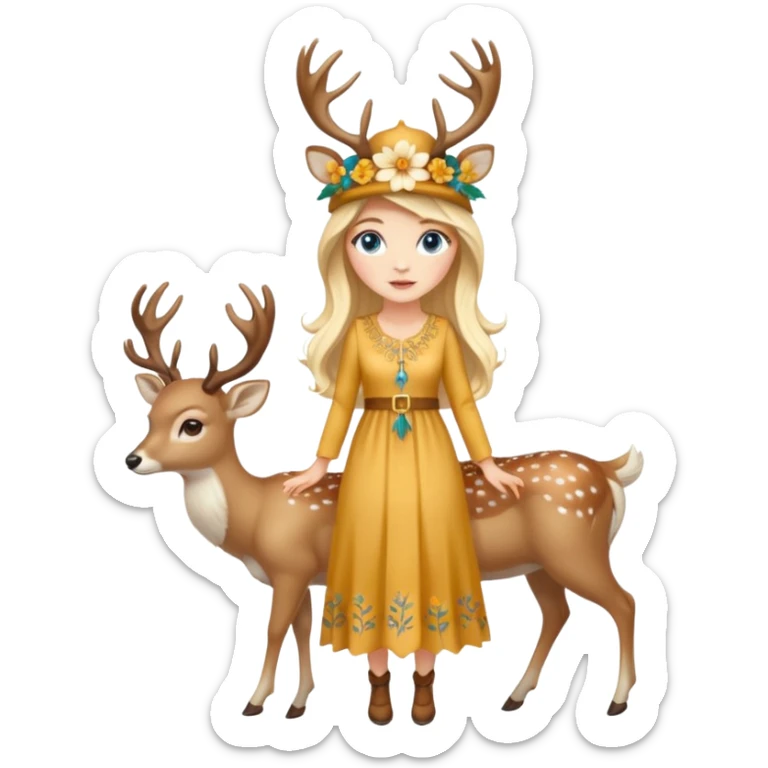 full body woman long blonde hair blue eyes white skin wearing deer hat and golden flower dress sticker