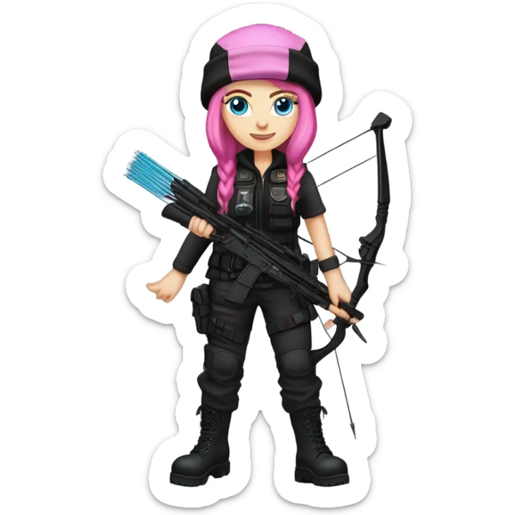 white girl, tactical vest, dark pants, pink hair, blue eyes, black beanie hat with crescent moon and stars on front, bow and arrow, black combat boots sticker