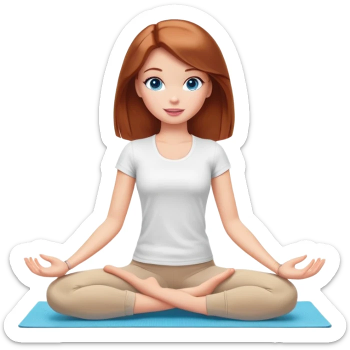A Barbie girl with blue eyes, shoulder-length reddish-brown hair, made-up, wearing a white T-shirt and beige leggings, does yoga sticker