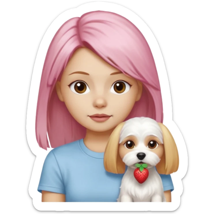 cute white Maltese terrier with pink nose on lap of girl with long blow-dried strawberry blond hair, brown eyes, thin eyebrows, slim nose, beautiful lips, Apple memoji emoji style sticker