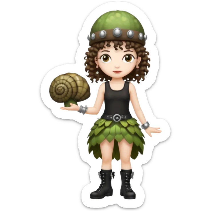 full body woman short curly brown mullet hair brown eyes white skin wearing punk fairy outfit and snail shell hat sticker