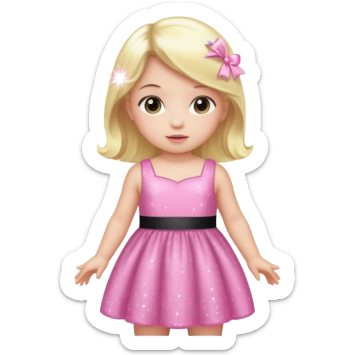 A baby with a pink sparkling dress and blonde hair and black hair and long hair sticker