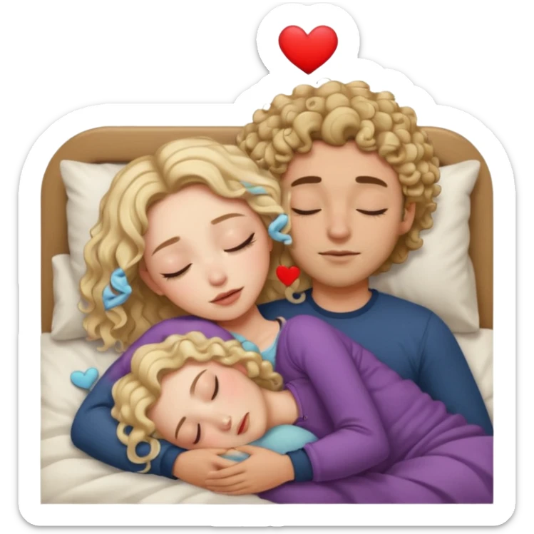 cuddling in bed, asleep. wavy haired blonde girl. man with curly,  dark brown hair. eyes closed. heart between them. no headboard sticker