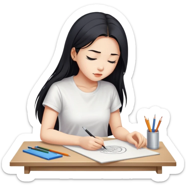 Asian woman in long hair in t shirt drawing on drawing table, looking down  sticker