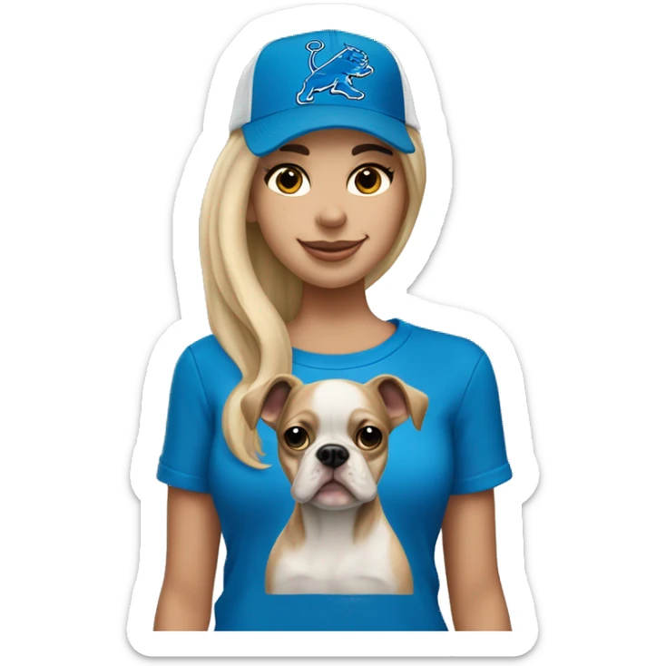 A blonde haired girl shoulder langth wearing a Detroit Lions hat and holding a Boston terrier sticker