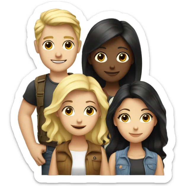 three friends: a blond guy, a blonde girl and a girl with black hair sticker