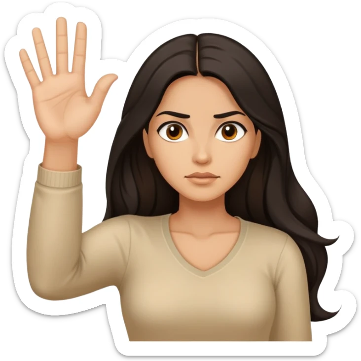Hispanic woman with long hair, beige top, determined, one hand out motioning to stop sticker