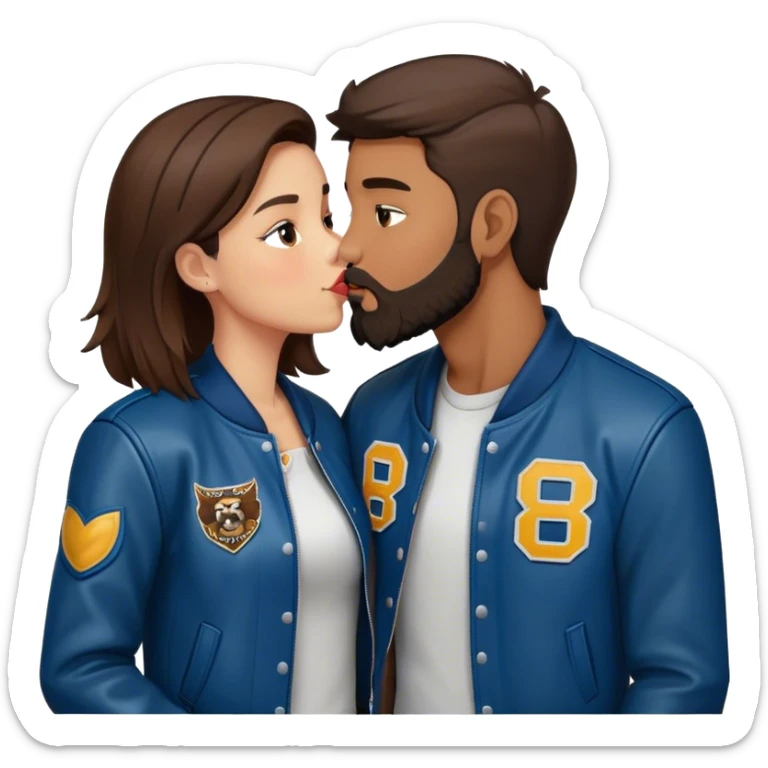 A brunette girl with a letterman jacket kissing a brunette boy with a beard and leather jacket  sticker