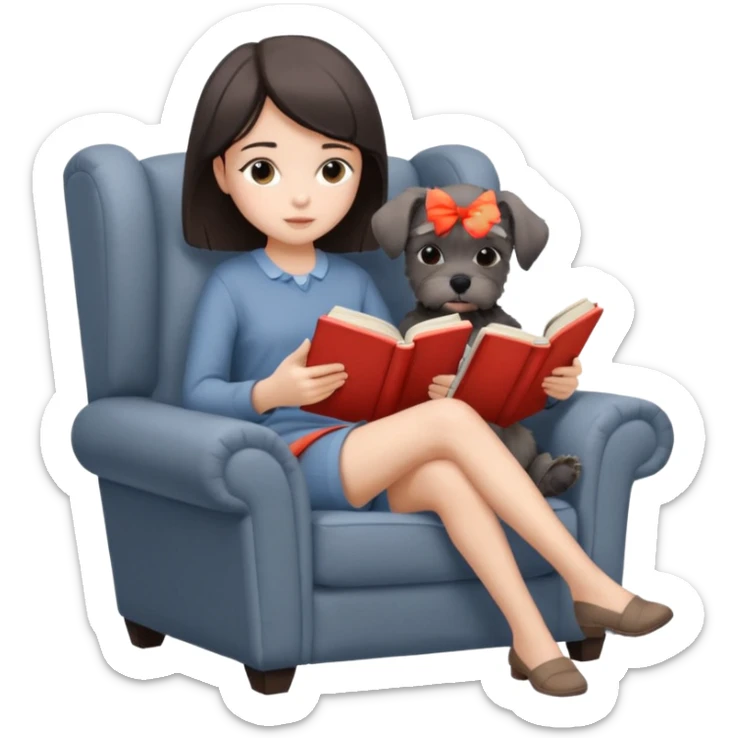 a girl reading a book in an armchair, Schnauzer puppy sitting beside, cozy and relaxing, iPhone icon style, soft colors, minimal details sticker