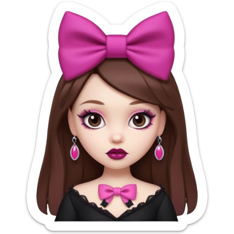 pretty bratz baddie, pale skin, brown hair, pink bow, gothic style sticker