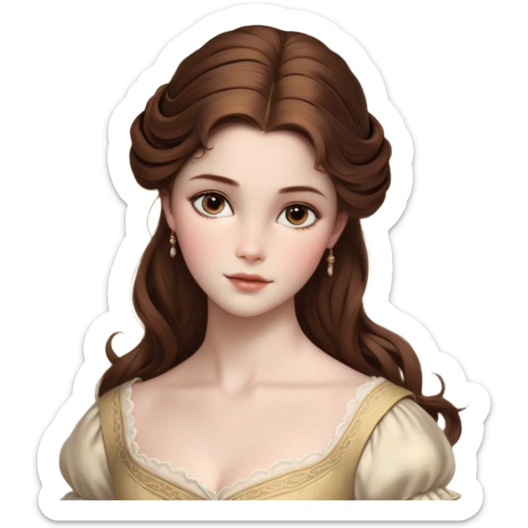 Cinematic Realistic Belle Portrait, depicted with lifelike skin texture, soft natural lighting, and intricately detailed brown hair styled elegantly. Her deep, expressive eyes exude warmth and intelligence, complemented by a serene and graceful expression. She is dressed in her classic attire, with rich fabric textures and delicate folds that catch the light beautifully. The portrait features a soft, enchanting glow with a natural, radiant finish, capturing the essence of timeless beauty in a realistic and painterly style, evoking a sense of depth and authenticity. sticker
