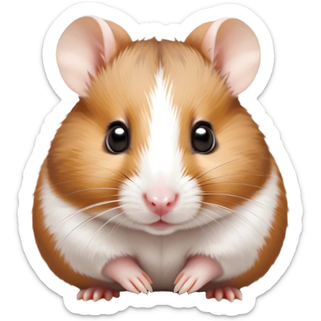 Cinematic Noble Brown and White Banded Hamster Portrait Emoji, Poised and regal, with a tiny, compact build and a uniquely patterned fur of warm brown and crisp white bands, deep-set soulful dark eyes, Simplified yet sharp and sophisticated features, highly detailed, glowing with a soft, dignified glow, high shine, intelligent and charming, stylized with an air of distinctive elegance, focused and attentive, soft glowing outline, capturing the essence of a watchful and confident rodent, so majestic it feels as though it could scurry out of the screen with effortless authority! sticker