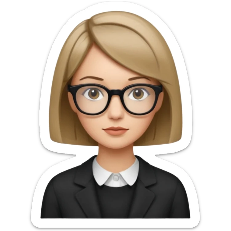 woman dark blonde petite bob haircut wears dark squarish glasses, classic clothes sticker