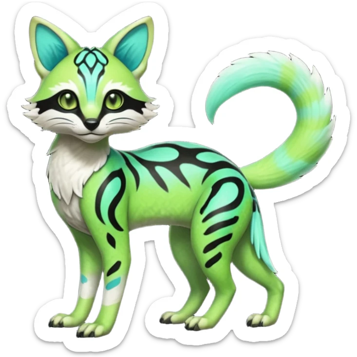 Rare realistic iridescent neon lime-green & cyan white black lush tropical exotic edgy epic pretty beautiful handsome gorgeous aesthetic colorful vibrant Vernid-Protogen-Primagen-Genet-Trico-species-Fakemon-hybrid-creature by LiLaiRa, beautiful intricate markings, full body sticker